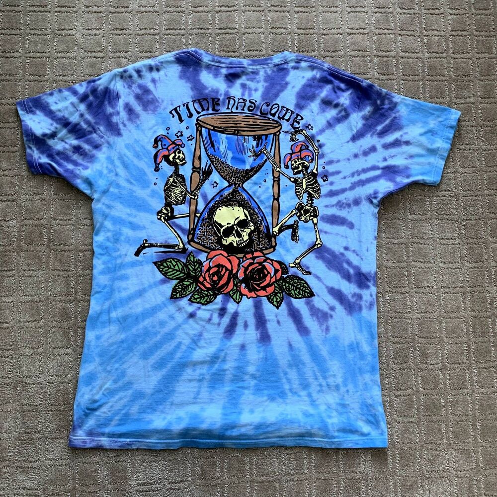 Skeleton Time Has Come Tie Dye T Shirt Mens L Blue Skull Roses Ripple Junction